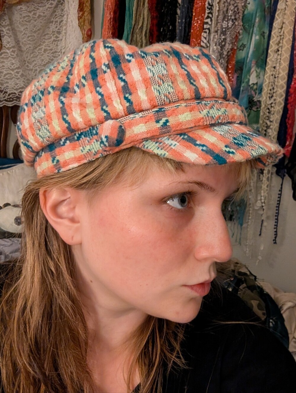 Woven Coral Plaid Baker Boy Cap
